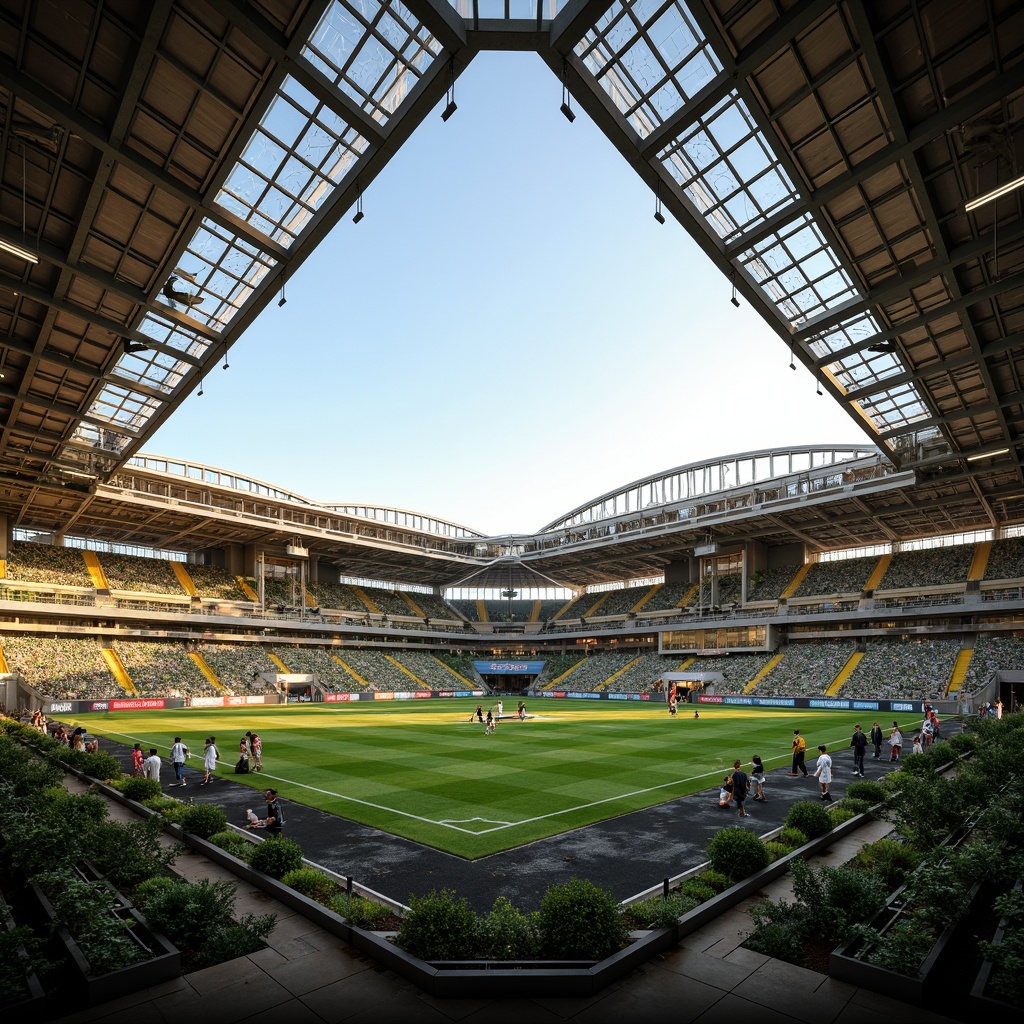 Prompt: Large soccer stadium, open-air design, natural ventilation systems, wind catchers, clerestory windows, solar chimneys, roof gardens, green roofs, permeable facades, high ceilings, exposed ductwork, steel structures, cantilevered roofs, reinforced concrete walls, sports lighting, evening ambiance, warm golden lighting, shallow depth of field, 1/2 composition, realistic textures, ambient occlusion.