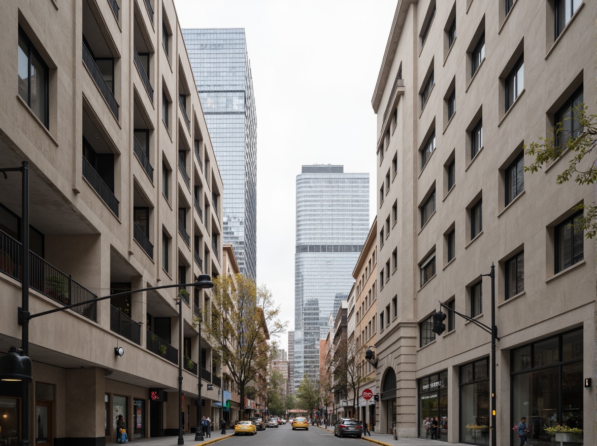 Prompt: Monochromatic color palette, neutral tones, beige concrete walls, silver aluminum frames, black steel beams, glass facades, minimalist ornamentation, clean lines, rectangular forms, functional simplicity, urban cityscape, busy streets, modern skyscrapers, cloudy day, soft diffused lighting, shallow depth of field, 2/3 composition, symmetrical view, realistic reflections, ambient occlusion.