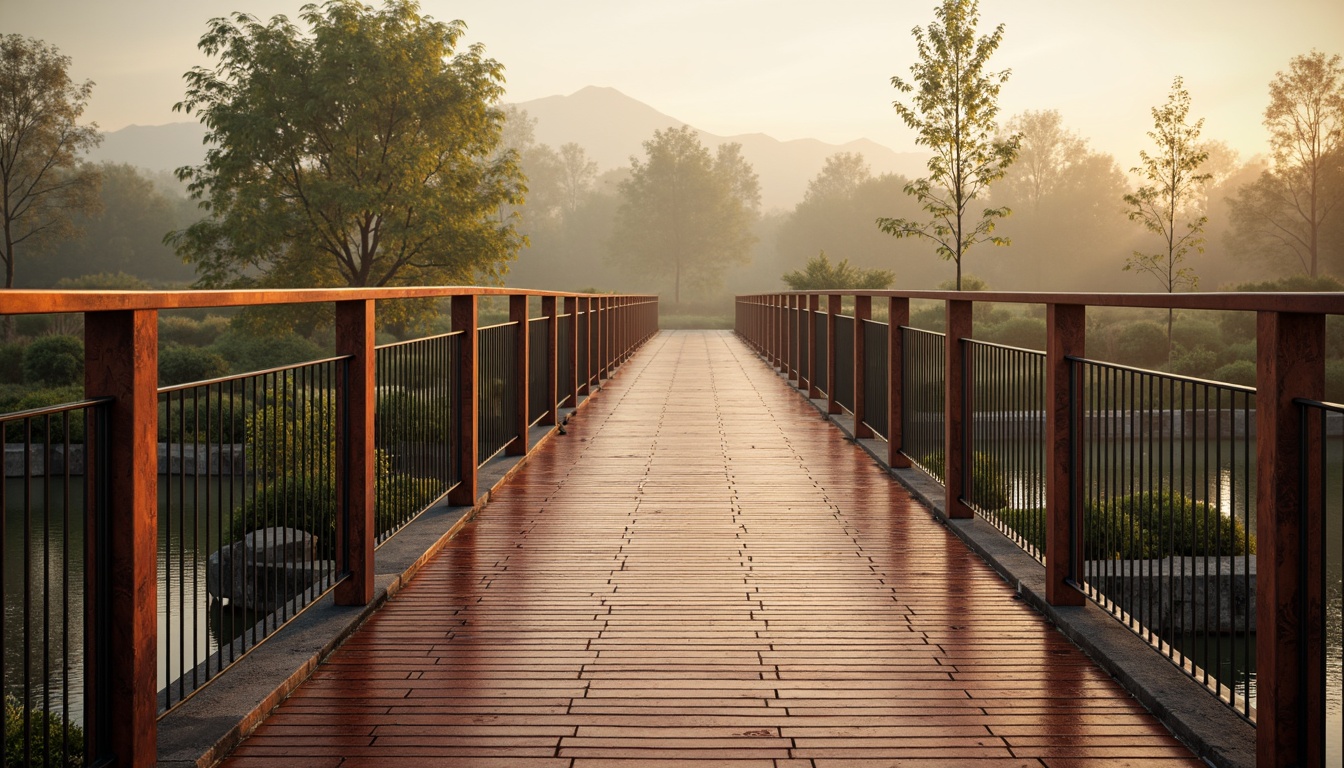 Prompt: Rustic copper pedestrian bridge, weathered patina finish, industrial metal texture, wooden plank walkway, steel cable railings, warm golden lighting, misty morning atmosphere, serene riverbank setting, lush green vegetation, natural stone abutments, modern minimalist design, sleek linear architecture, subtle reflective surfaces, ambient occlusion, shallow depth of field, 3/4 composition, panoramic view.