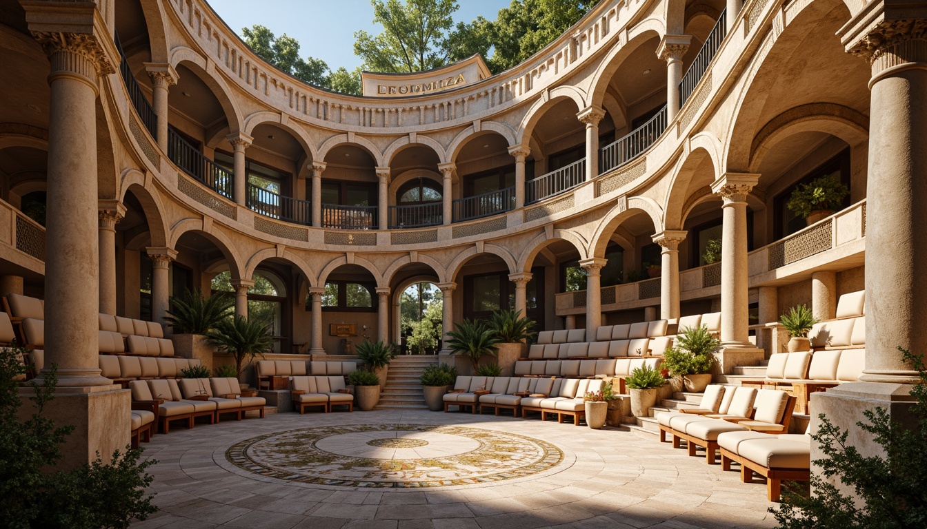 Prompt: Ancient Roman-inspired amphitheater, grandiose stone architecture, ornate carvings, majestic arches, vibrant frescoes, comfortable seating areas, curved rows of seats, plush cushions, wooden armrests, intricate mosaics, natural stone flooring, warm golden lighting, soft shadows, 1/2 composition, symmetrical framing, realistic textures, ambient occlusion.