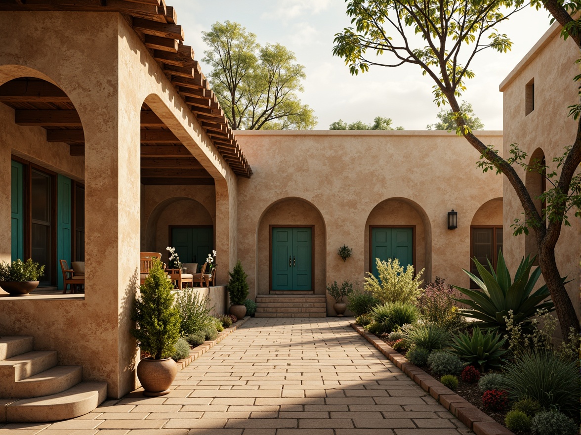 Prompt: Warm beige stone walls, rustic terracotta roofs, ornate carvings, grand archways, vibrant turquoise accents, earthy brown wooden doors, soft golden lighting, misty morning atmosphere, shallow depth of field, 1/2 composition, realistic textures, ambient occlusion, natural stone pathways, lush greenery, blooming flowers, serene courtyard, peaceful ambiance.