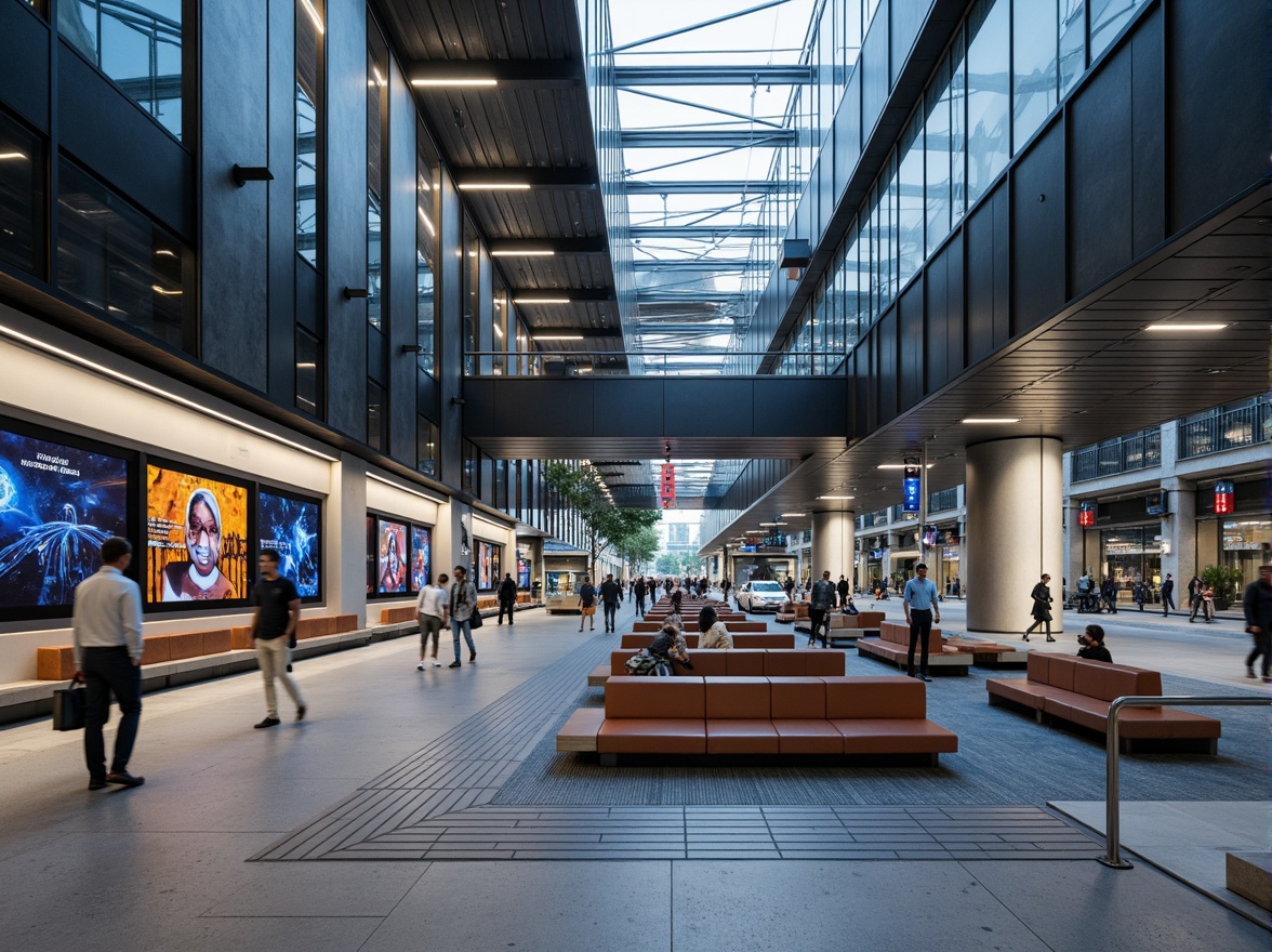 Prompt: Modern transportation hub, sleek metal fa\u00e7ade, glass roofs, polished concrete floors, industrial-style lighting, exposed ductwork, minimalist seating areas, stainless steel handrails, LED signage, dynamic digital displays, futuristic architecture, high-tech materials, metallic accents, reflective surfaces, angular lines, urban cityscape, bustling atmosphere, morning rush hour, soft natural light, shallow depth of field, 1/1 composition, realistic textures, ambient occlusion.