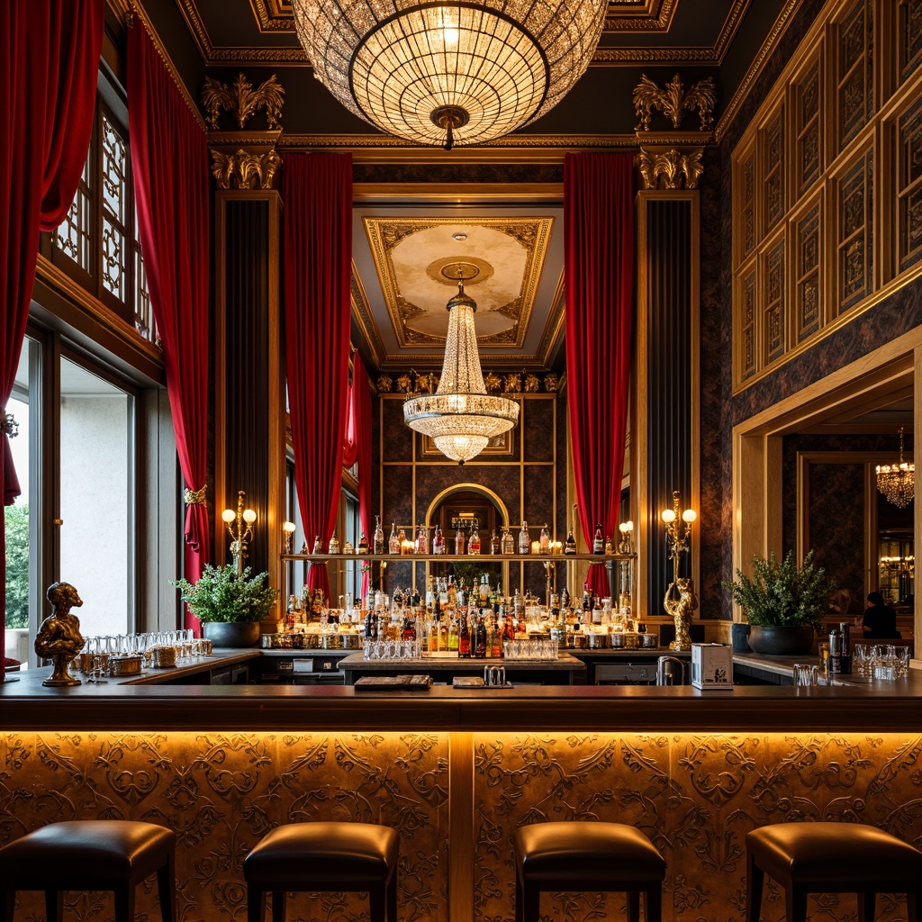 Prompt: Opulent cocktail bar, lavish metallic accents, geometric patterns, ornate mirrors, crystal chandeliers, luxurious velvet drapes, rich wood paneling, bronze statues, intricate moldings, stylized typography, vibrant jewel-toned colors, warm golden lighting, shallow depth of field, 1/1 composition, symmetrical framing, highly detailed textures, ambient occlusion.