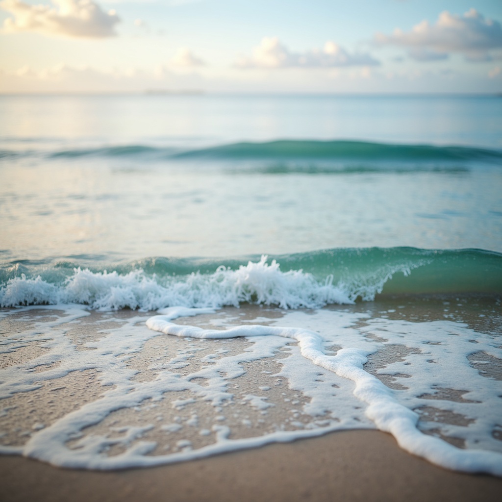 Prompt: Calm ocean waves, soothing blue tones, creamy whites, rich navy accents, warm sandy neutrals, natural sea salt textures, driftwood grey undertones, subtle turquoise highlights, serene beach atmosphere, cloudy sky background, soft focus effect, 1/1 composition, warm golden lighting, shallow depth of field, realistic ocean spray effects.