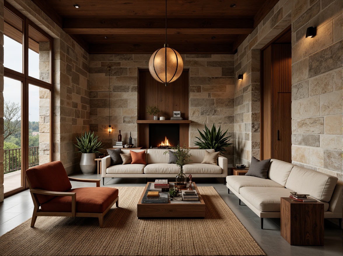 Prompt: Rustic stone walls, smooth wooden accents, velvety upholstered furniture, metallic lighting fixtures, glass coffee tables, natural fiber rugs, woven baskets, earthy ceramics, organic shapes, high-contrast color schemes, dramatic shadows, warm ambient lighting, 1/1 composition, realistic textures, subtle reflections.