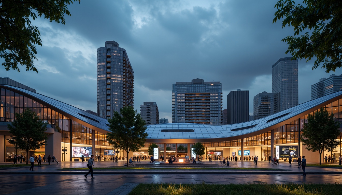 Prompt: Sleek train station facade, curved lines, metallic materials, large glass windows, minimalist architecture, modern industrial design, urban cityscape, bustling streets, vibrant night lighting, reflective surfaces, dynamic shapes, aerodynamic forms, futuristic vibe, high-tech features, LED displays, digital signage, efficient passenger flow, spacious waiting areas, comfortable seating, natural stone flooring, stainless steel accents, silver and gray color scheme, rainy day, dramatic cloud formations, cinematic 3/4 composition, shallow depth of field.