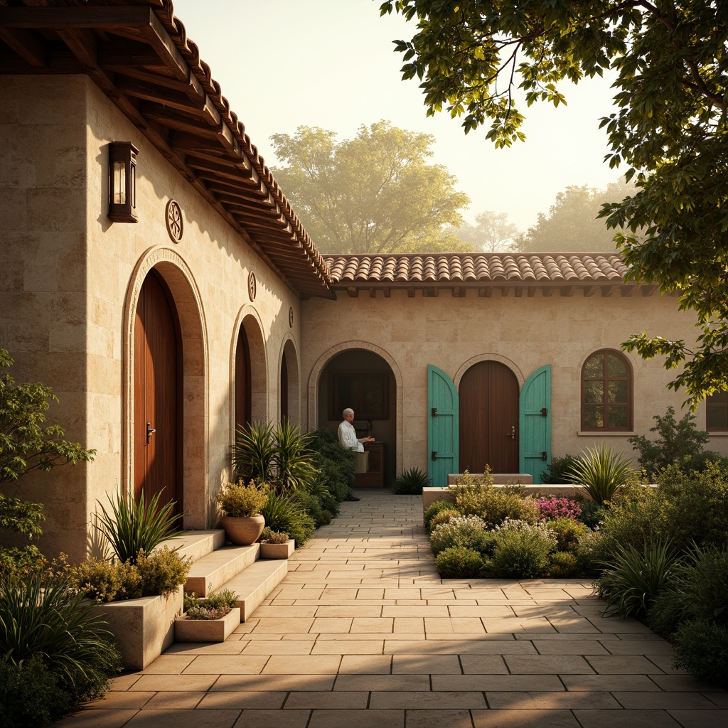 Prompt: Warm beige stone walls, rustic terracotta roofs, ornate carvings, grand archways, vibrant turquoise accents, earthy brown wooden doors, soft golden lighting, misty morning atmosphere, shallow depth of field, 1/2 composition, realistic textures, ambient occlusion, natural stone pathways, lush greenery, blooming flowers, serene courtyard, peaceful ambiance.