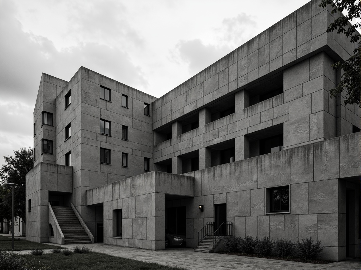 Prompt: Rugged university facade, brutalist architecture, concrete textures, raw stone walls, fortress-like structures, asymmetrical compositions, geometric shapes, industrial materials, metal beams, exposed ductwork, functional pipes, minimalist ornamentation, monochromatic color schemes, overcast skies, dramatic shadows, high-contrast lighting, cinematic atmosphere, 1-point perspective, low-angle shot, realistic weathering effects.