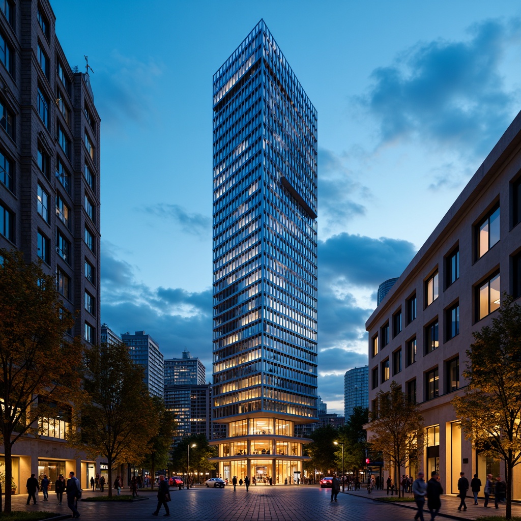 Prompt: Vibrant urban landscape, sleek skyscraper, neon lights, bold color scheme, electric blue accents, warm golden hues, rich wood tones, metallic silver surfaces, glass and steel materials, modern architectural design, futuristic vibe, cityscape at dusk, dramatic cloud formations, soft gradient lighting, 1/2 composition, cinematic atmosphere.