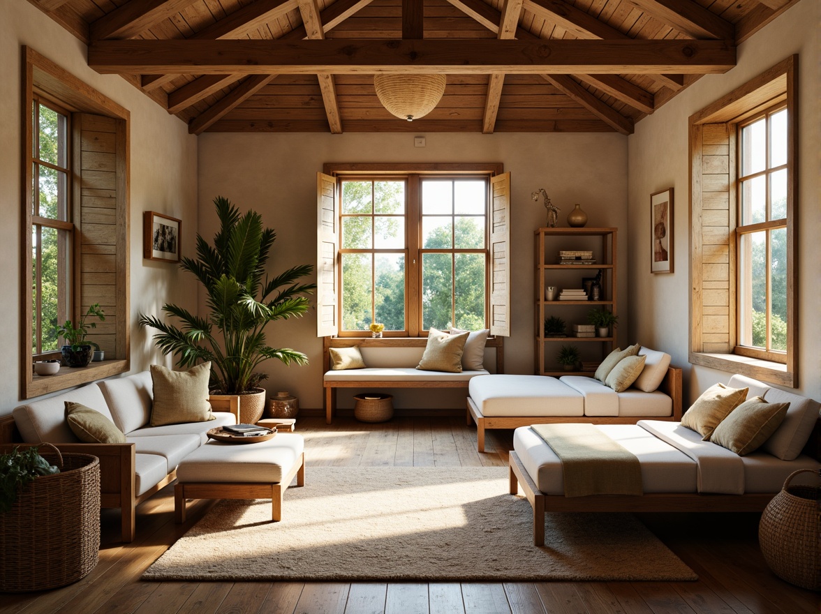 Prompt: Cozy dormitory, earthy color palette, warm beige walls, rustic wooden furniture, soft cream accents, natural fiber textiles, woven baskets, vintage rugs, distressed wood flooring, reclaimed wooden beams, comfortable reading nooks, built-in shelving, large windows, plantation shutters, lush greenery views, morning sunlight, soft ambient lighting, 1/2 composition, intimate atmosphere, realistic textures, subtle depth of field.