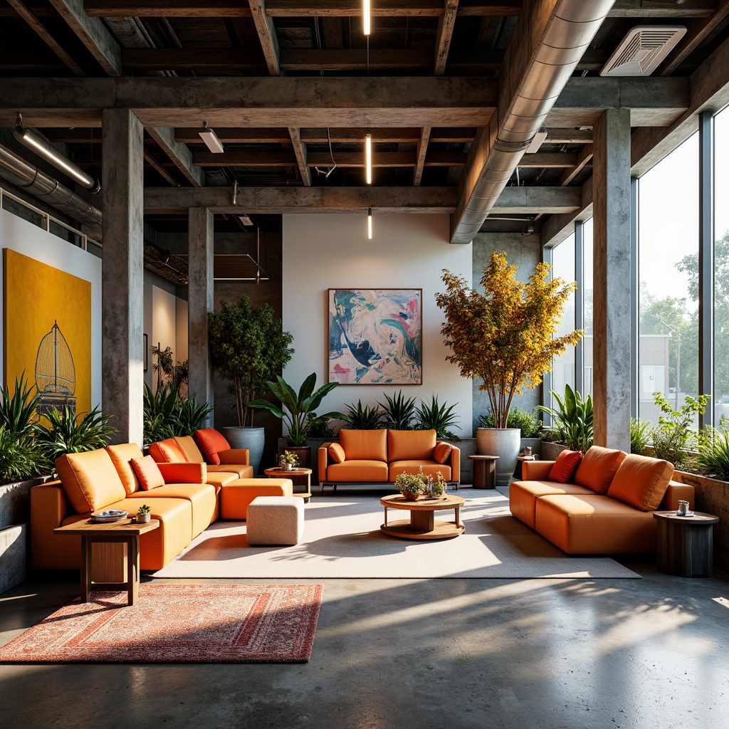 Prompt: Vibrant design studio, modern artistic space, eclectic furniture pieces, bold color accents, abstract artwork, industrial metal beams, polished concrete floors, natural light pouring in, warm cozy atmosphere, softbox lighting, 3/4 composition, shallow depth of field, realistic textures, ambient occlusion.