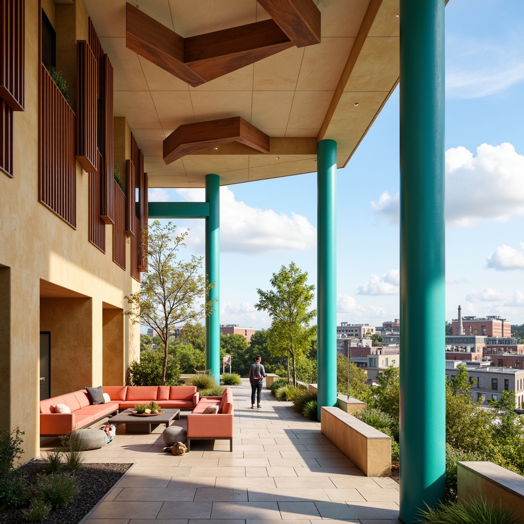 Prompt: Vibrant community center, warm beige walls, rich wood accents, bold turquoise columns, soft peach furnishings, lively green rooftops, urban cityscape, modern fusion architecture, angular lines, eclectic mix of materials, industrial chic elements, natural stone flooring, abundant daylight, soft warm lighting, 3/4 composition, shallow depth of field, panoramic view.