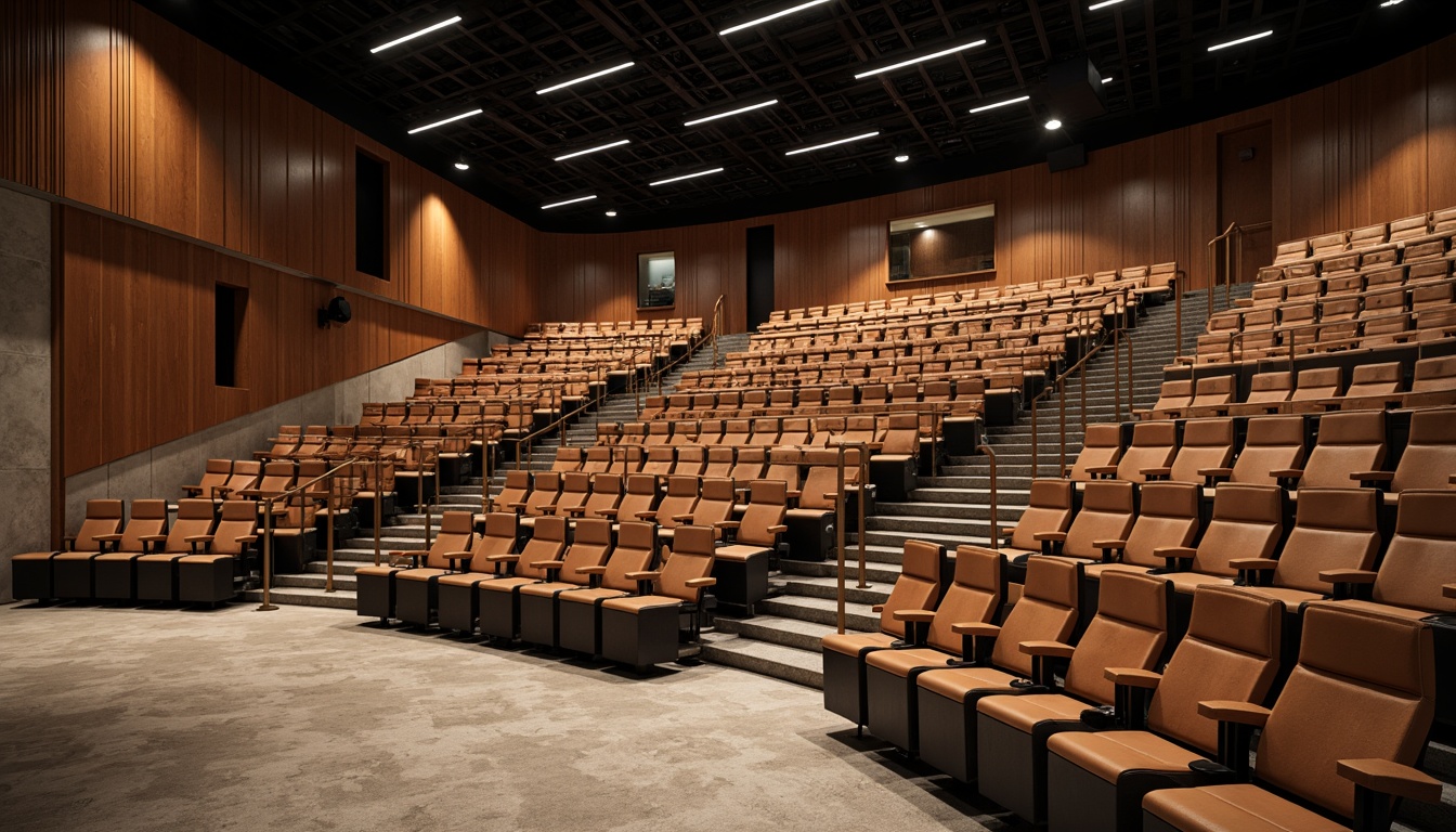 Prompt: Tiered seating, curved rows, comfortable cushioning, sturdy metal frames, wooden or plastic chairs, adequate legroom, sufficient aisle space, accessibility ramps, stairs with handrails, speaker systems, acoustic considerations, natural stone or concrete flooring, ascending audience levels, panoramic views, ambient lighting, warm color schemes, 1/1 composition, realistic textures, atmospheric rendering.