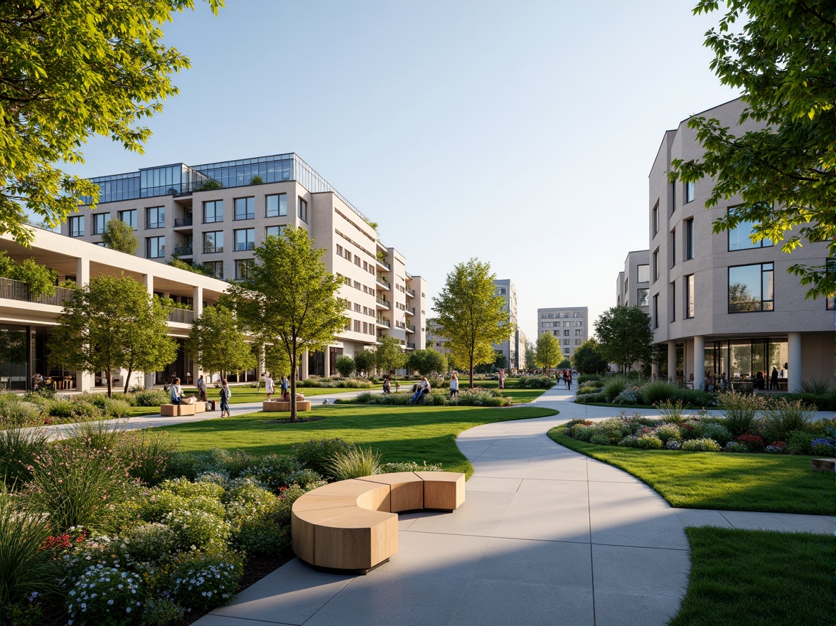 Prompt: Vibrant academic campus, lush greenery, meandering walkways, natural stone benches, modern architecture, curved lines, large windows, glass roofs, abundant daylight, soft warm lighting, shallow depth of field, 3/4 composition, panoramic view, realistic textures, ambient occlusion, integrated landscape design, harmonious blend of nature and architecture, diverse plant species, seasonal flowering, outdoor classrooms, interactive exhibits, public art installations, collaborative learning spaces, flexible seating areas, Wi-Fi enabled outdoor zones.