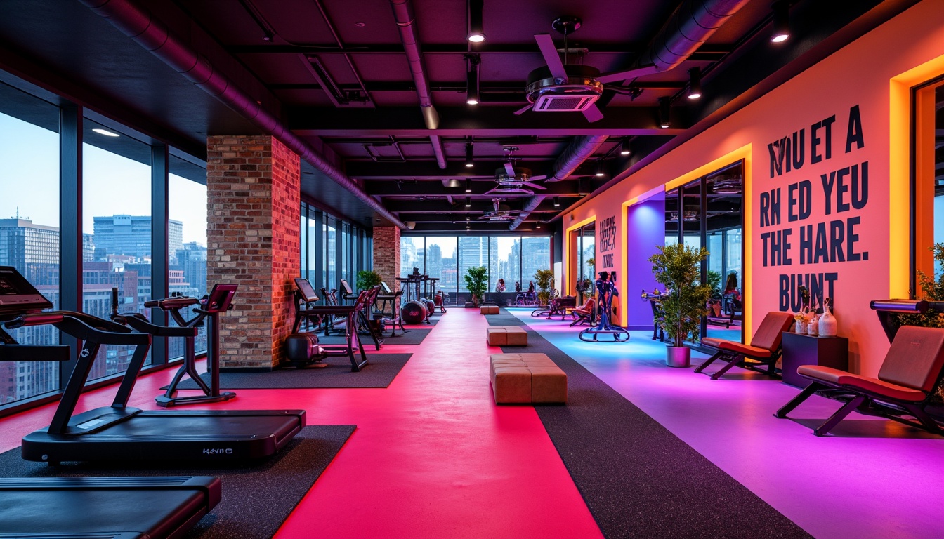 Prompt: Vibrant fitness club interior, bold color scheme, energizing ambiance, neon-lit walls, dynamic flooring patterns, sleek metallic equipment, motivational quotes, high-contrast lighting, intense workout zones, calming relaxation areas, natural wood accents, urban loft-inspired design, industrial-chic textures, modern minimalist decor, bold typography, striking branding elements, futuristic architectural details, panoramic city views, morning sunlight, shallow depth of field, 3/4 composition, realistic reflections.