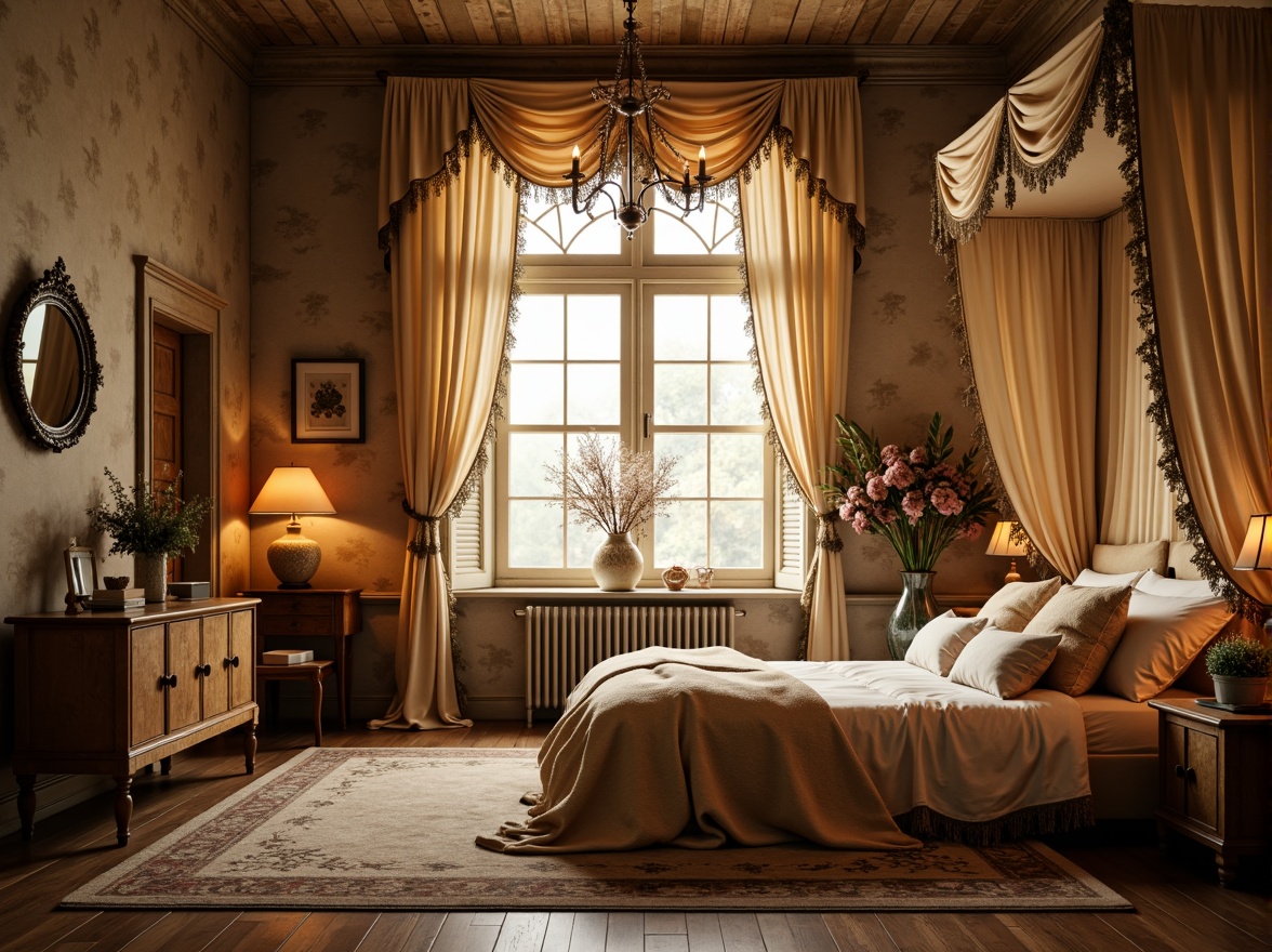 Prompt: Whimsical boudoir, soft velvety drapes, flowing silk curtains, delicate lace trimmings, ornate wooden shutters, distressed finishes, vintage hardware, romantic candlelight, warm golden hues, plush area rugs, luxurious fabrics, billowy sheers, subtle patterns, elegant folds, dramatic swags, opulent tassels, lavish trims, intimate ambiance, cozy nooks, relaxing atmosphere, soft focus, warm color palette, 1/2 composition, shallow depth of field.