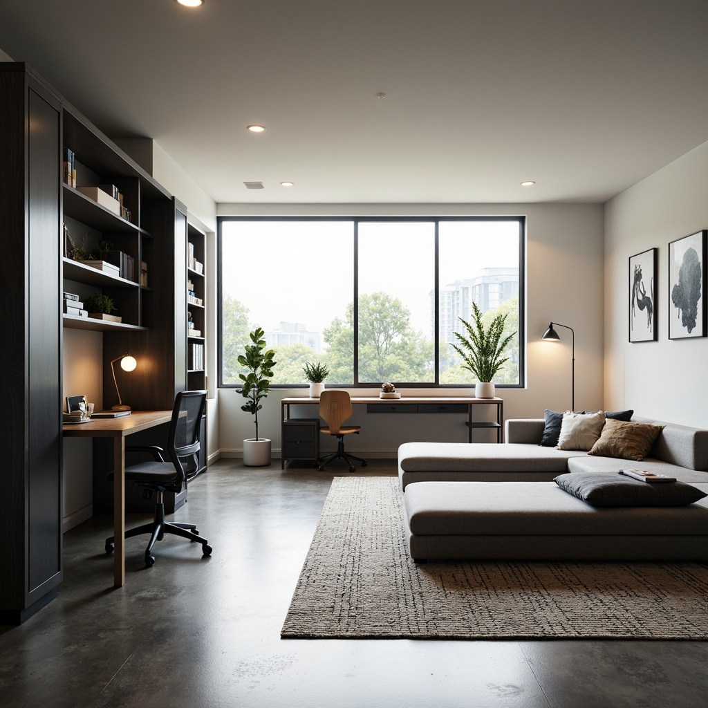 Prompt: Minimalist dorm room, modern furniture, sleek lines, monochromatic color scheme, industrial chic decor, polished concrete floors, geometric patterned rugs, functional storage units, compact desks, ergonomic chairs, floor-to-ceiling windows, natural light, soft warm ambiance, 1/1 composition, shallow depth of field, realistic textures, ambient occlusion.