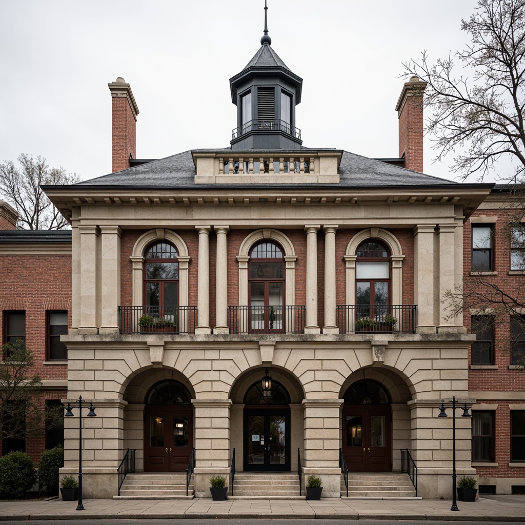 Prompt: Historic courthouse facade, neoclassical columns, ornate stonework, grand entrance archways, symmetrical composition, rusticated base, decorative cornices, clock towers, copper roofing, intricate stonemasonry, weathered brick walls, traditional American architecture, subtle color palette, natural stone textures, overcast skies, soft warm lighting, shallow depth of field, 2/3 composition, realistic architectural details, ambient occlusion.