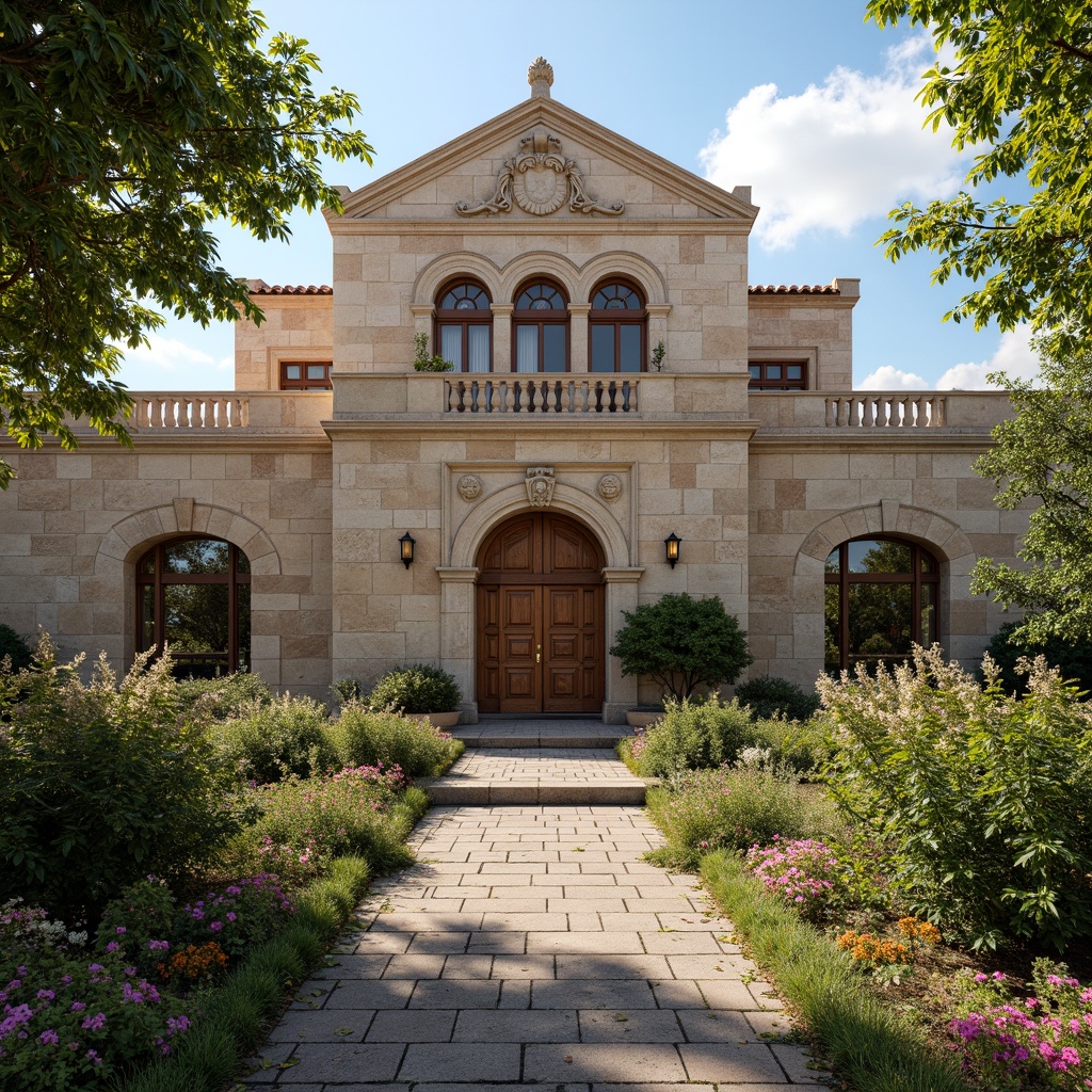 Prompt: Rustic school building, Romanesque style fa\u00e7ade, arch-shaped windows, thick stone walls, ornate carvings, grand entrance, heavy wooden doors, intricate moldings, earthy color palette, natural stone textures, lush greenery, blooming flowers, sunny day, soft warm lighting, shallow depth of field, 3/4 composition, panoramic view, realistic textures, ambient occlusion.