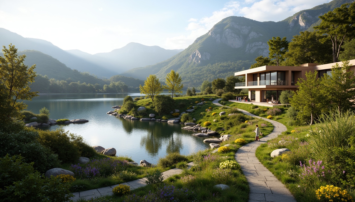 Prompt: Mountainous landscape, rolling hills, serene lakeside, lush greenery, vibrant wildflowers, meandering pathways, natural stone walls, wooden bridges, modern minimalist architecture, large windows, sliding glass doors, cantilevered roofs, harmonious color palette, soft warm lighting, shallow depth of field, 3/4 composition, panoramic view, realistic textures, ambient occlusion.