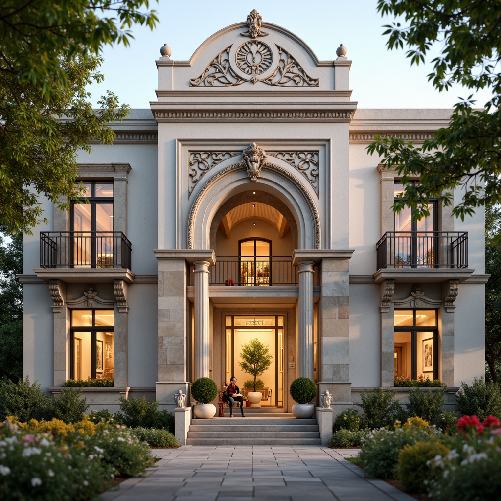 Prompt: Whimsical clinic facade, ornate Victorian details, soft pastel colors, delicate filigree patterns, grand entrance archways, elegant columns, intricate stonework, lush greenery, blooming flowers, natural stone walls, stained glass windows, warm golden lighting, shallow depth of field, 1/2 composition, romantic atmosphere, realistic textures, ambient occlusion.