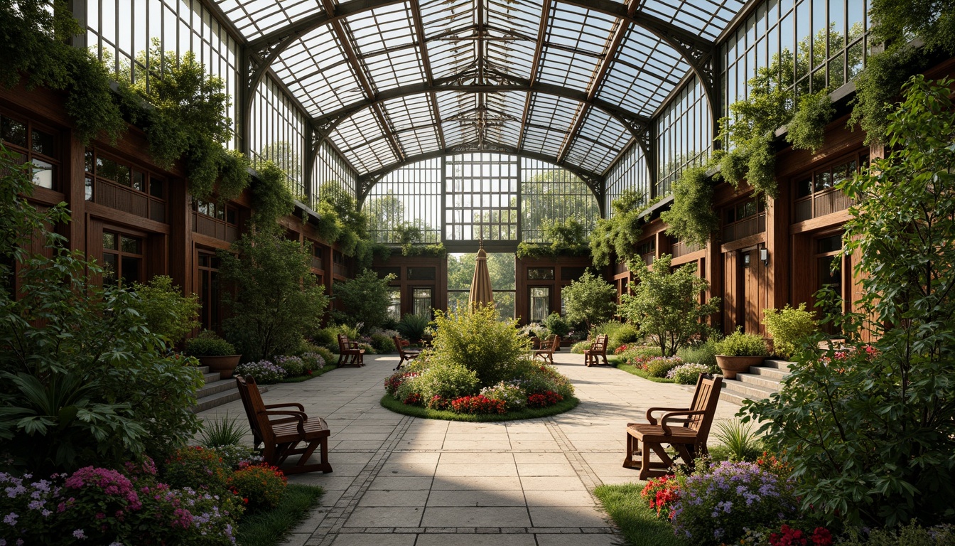 Prompt: Intricate ironwork, lush greenery, exotic plants, ornate wooden benches, delicate glass roofs, curved steel frames, natural stone pathways, vibrant flower arrangements, soft warm lighting, shallow depth of field, 3/4 composition, panoramic view, realistic textures, ambient occlusion, humid tropical atmosphere, misty morning dew, rustic wooden accents, elegant Victorian-inspired design, intricate ceramic tiles, ornate metal fixtures, grand entranceways, spacious interior volumes.