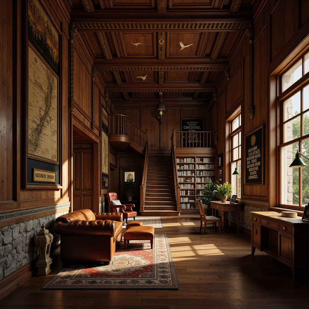 Prompt: Traditional academic interior, wooden paneling, ornate moldings, grand staircase, rustic stone walls, dimly lit corridors, cozy reading nooks, comfortable leather armchairs, wooden desks, green lamps, bookshelves, vintage maps, inspirational quotes, warm earthy tones, soft natural lighting, shallow depth of field, 1/1 composition, realistic textures, ambient occlusion.