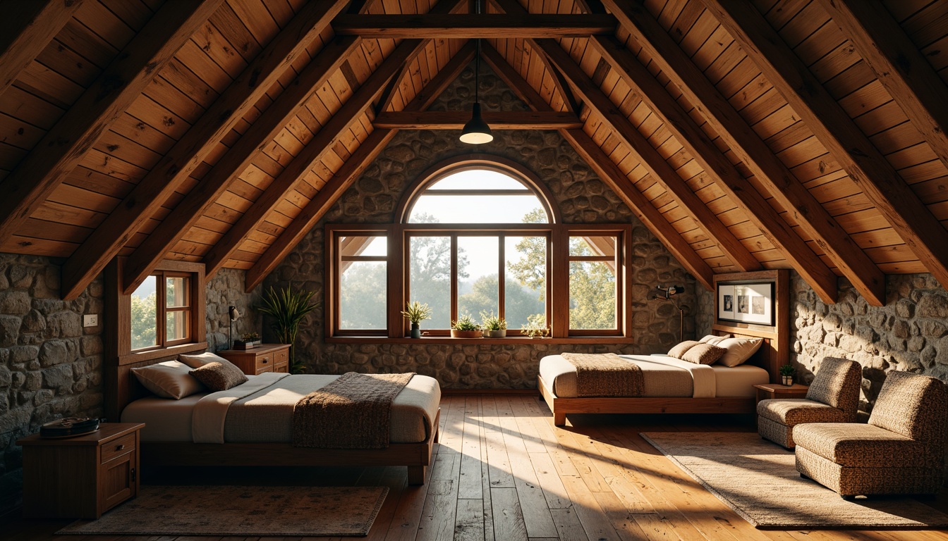 Prompt: Rustic dormitory, pitched roofs, wooden shingles, earthy tones, natural stone walls, cozy attic spaces, exposed beam ceilings, wooden floorboards, traditional craftsmanship, regional architectural style, rural landscape, surrounding trees, soft morning light, warm golden lighting, shallow depth of field, 1/2 composition, realistic textures, ambient occlusion.Note