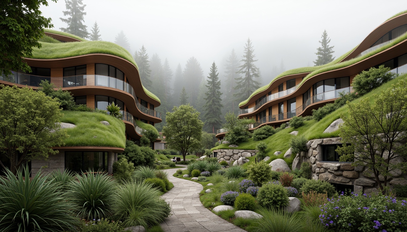 Prompt: Seamless blend of building and nature, organic curves, lush green roofs, native plant species, meandering walkways, natural stone walls, wooden accents, earthy color palette, soft diffused lighting, misty atmosphere, shallow depth of field, 1/1 composition, intimate scale, harmonious coexistence, eco-friendly materials, sustainable design principles, minimal visual impact, serene ambiance, peaceful surroundings.