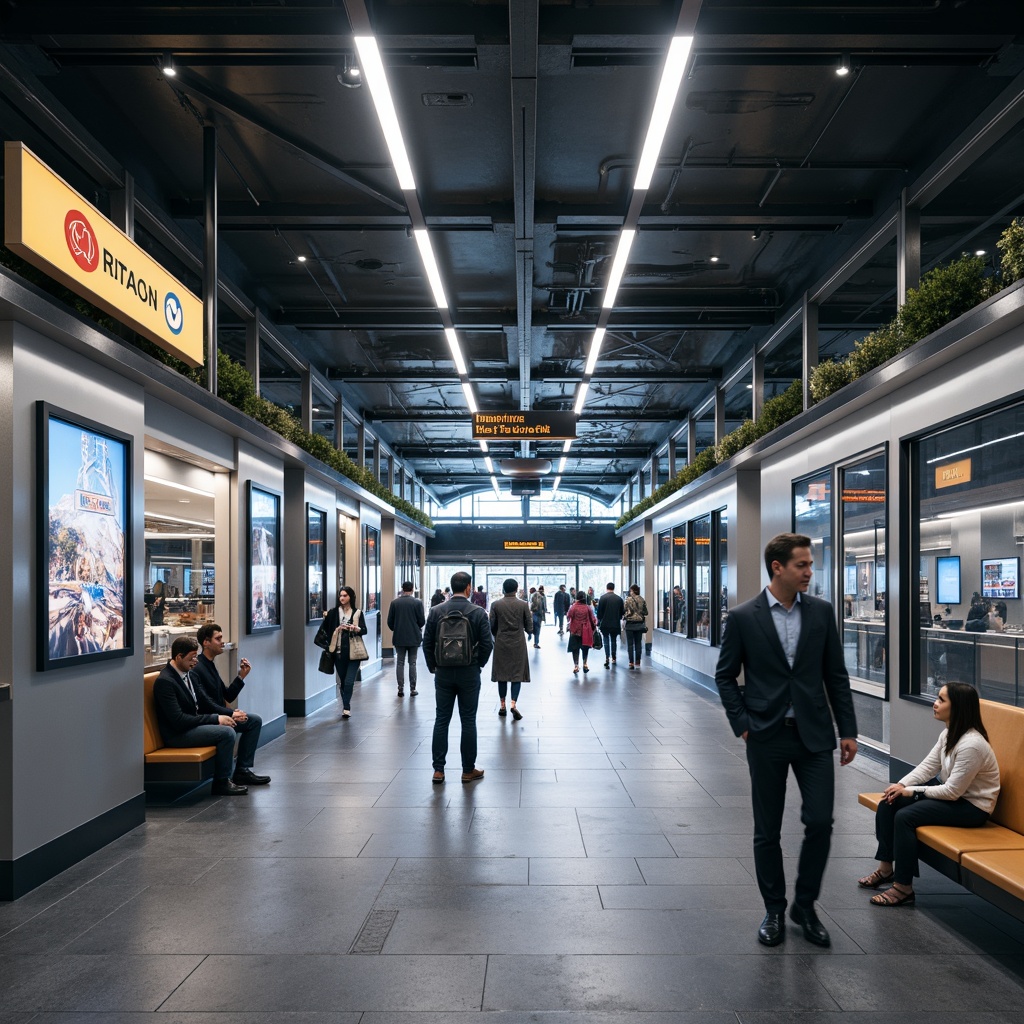 Prompt: Modern metro station, efficient interior layout, sleek lines, minimalist design, functional furniture, stainless steel surfaces, vibrant LED lighting, clear signage, wayfinding systems, bustling atmosphere, rush hour crowds, urban feel, concrete floors, steel beams, glass partitions, automated ticketing machines, comfortable seating areas, convenient retail spaces, natural ventilation systems, energy-efficient solutions, spacious platforms, dynamic passenger flow, 3/4 composition, shallow depth of field, realistic textures.