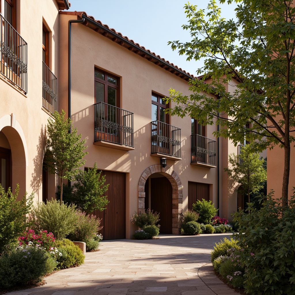 Prompt: Earth-toned stucco facades, ornate wooden doors, terracotta roof tiles, rustic stone walls, intricate wrought iron balconies, curved archways, decorative ceramic accents, lush greenery, vibrant flowering vines, warm sunny day, soft natural lighting, shallow depth of field, 3/4 composition, panoramic view, realistic textures, ambient occlusion.