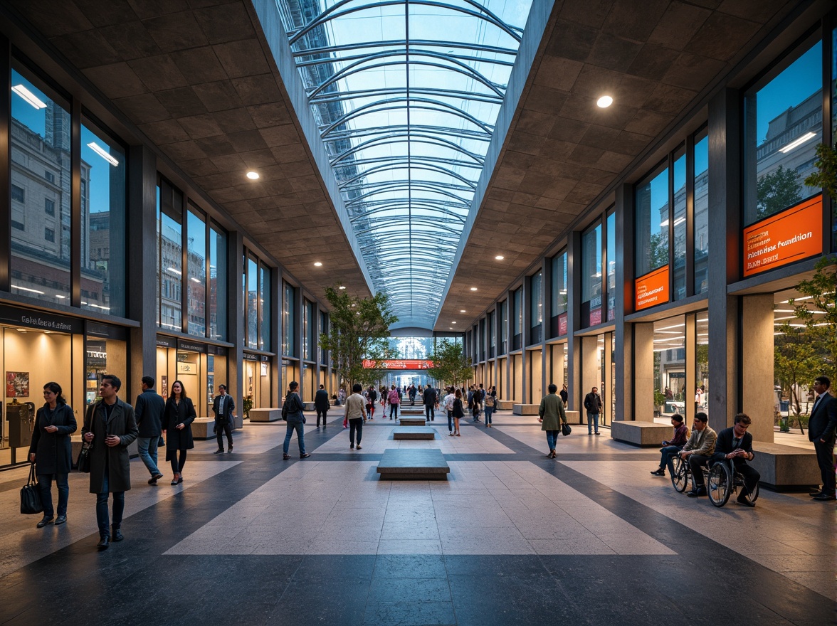 Prompt: Vibrant metro station, modern architecture, sleek metal columns, granite flooring, stainless steel handrails, LED lighting systems, curved glass ceilings, natural stone walls, urban cityscape, busy commuters, rush hour atmosphere, soft warm lighting, shallow depth of field, 3/4 composition, realistic textures, ambient occlusion.