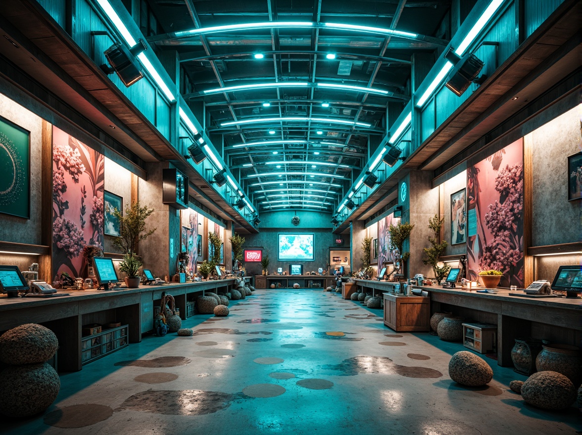 Prompt: Vibrant coastal workshop, futuristic machinery, metallic blues, neon greens, coral pinks, sandy beiges, weathered wood accents, rusty steel textures, ocean-inspired patterns, wave-like shapes, futuristic lighting systems, glowing LED strips, ambient mist effects, shallow depth of field, 1/1 composition, panoramic view, realistic reflections, cinematic atmosphere.