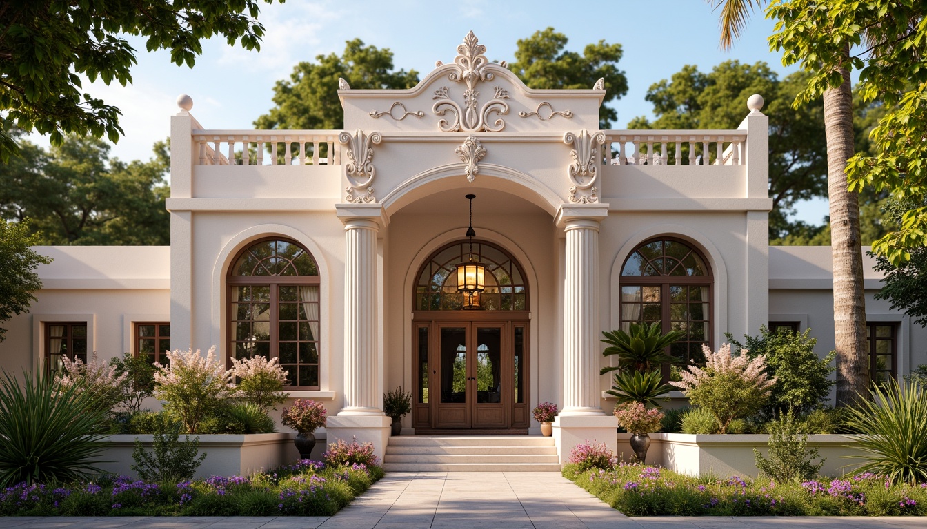 Prompt: Whimsical clinic facade, ornate Victorian details, soft pastel colors, delicate filigree patterns, grand entrance archways, elegant columns, intricate stonework, lush greenery, blooming flowers, natural stone walls, stained glass windows, warm golden lighting, shallow depth of field, 1/2 composition, romantic atmosphere, realistic textures, ambient occlusion.