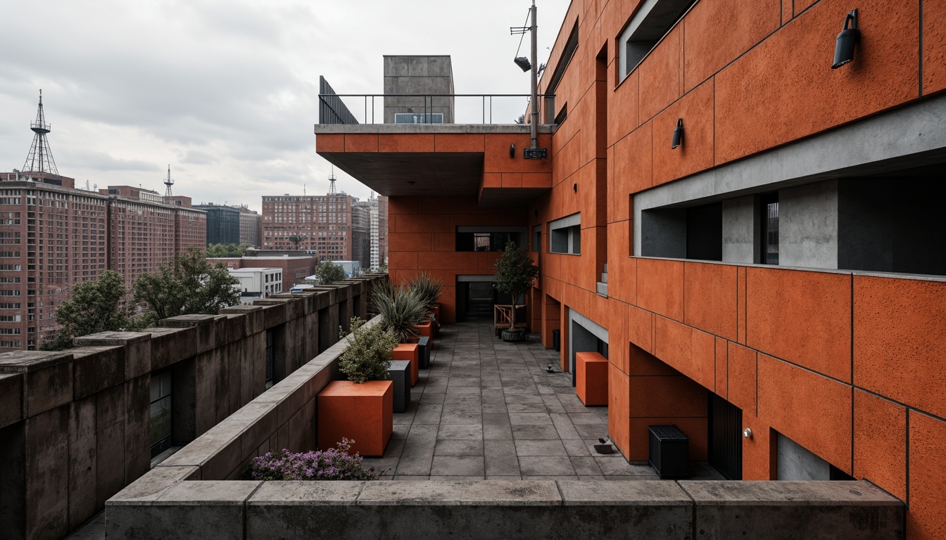 Prompt: Rugged brutalist architecture, persimmon-hued concrete walls, industrial metal beams, minimalist decorative elements, raw unfinished textures, dramatic shadows, bold geometric forms, angular lines, monochromatic color scheme, vibrant persimmon accents, urban cityscape, overcast sky, high-contrast lighting, 2/3 composition, low-angle shot, realistic renderings, ambient occlusion.