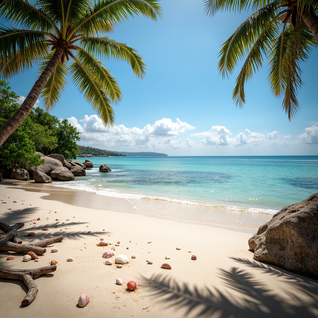 Prompt: Sandy shores, crystal-clear waters, tropical palm trees, seashells, driftwood, beachy vibes, warm sunny day, soft blue skies, calming atmosphere, natural textures, weathered wood accents, ocean-inspired hues, pastel shades, coral pinks, seafoam greens, sandy beiges, gentle wave patterns, subtle gradient effects, laid-back ambiance, relaxed mood, serene composition, 1/1 aspect ratio, cinematic lighting, ambient occlusion.