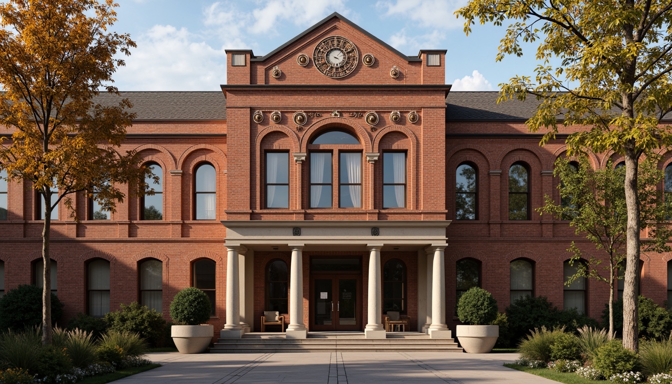 Prompt: Historic courthouse building, ornate brick facade, rusticated quoins, arched windows, grand entrance, columned portico, intricate stone carvings, richly textured brickwork, earthy color palette, warm natural lighting, shallow depth of field, 1/2 composition, symmetrical framing, realistic textures, ambient occlusion.