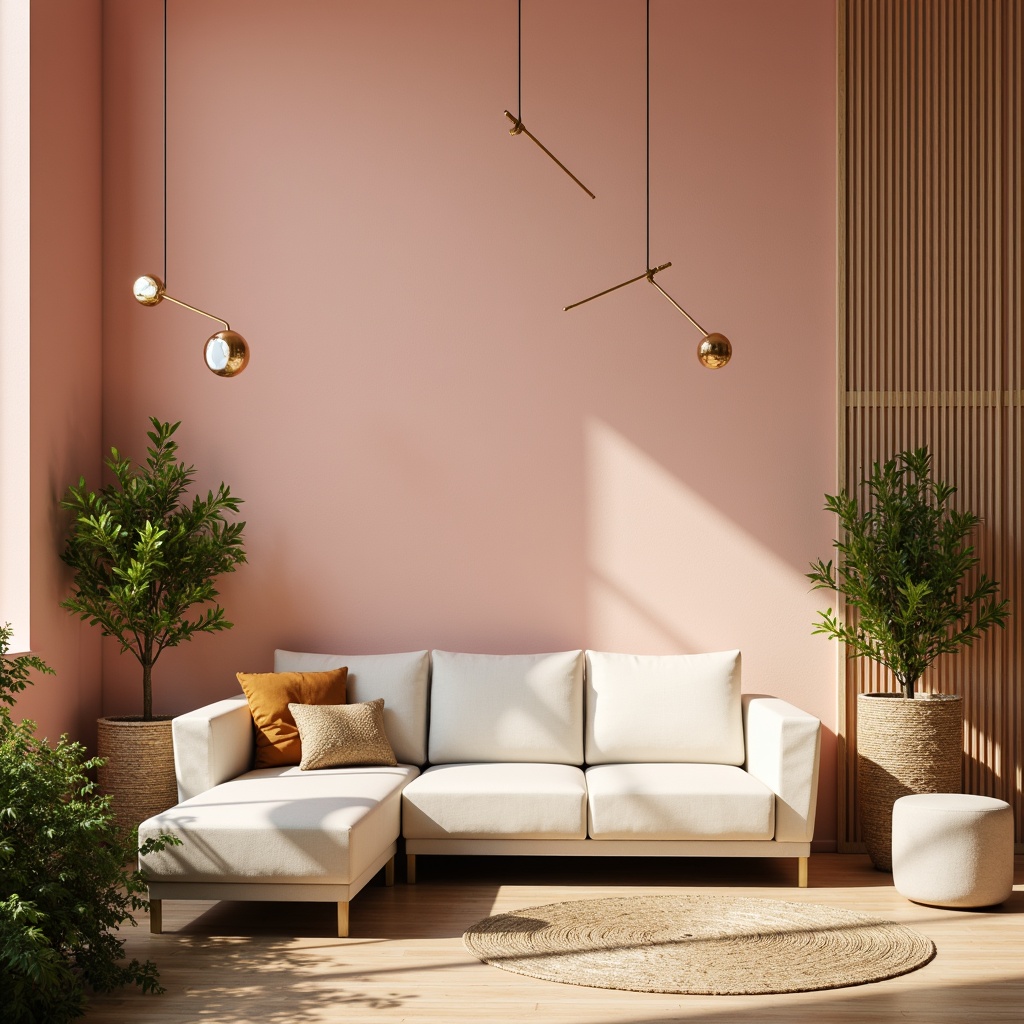 Prompt: Vibrant modern interior, pastel hues, soft peach walls, creamy white furniture, rich wood accents, metallic gold decor, lush greenery, natural light pouring in, warm cozy atmosphere, shallow depth of field, 1/1 composition, realistic textures, ambient occlusion.