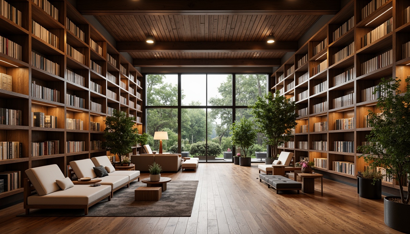 Prompt: Cozy library atmosphere, warm wooden shelves, comfortable reading nooks, rich leather-bound books, vintage bookcases, soft warm lighting, earthy tones, muted greens, creamy whites, dark wood accents, plush carpeting, calming ambiance, serene color scheme, natural textures, inviting seating areas, floor-to-ceiling windows, abundance of natural light, minimalist decor, subtle patterns, soothing color palette.