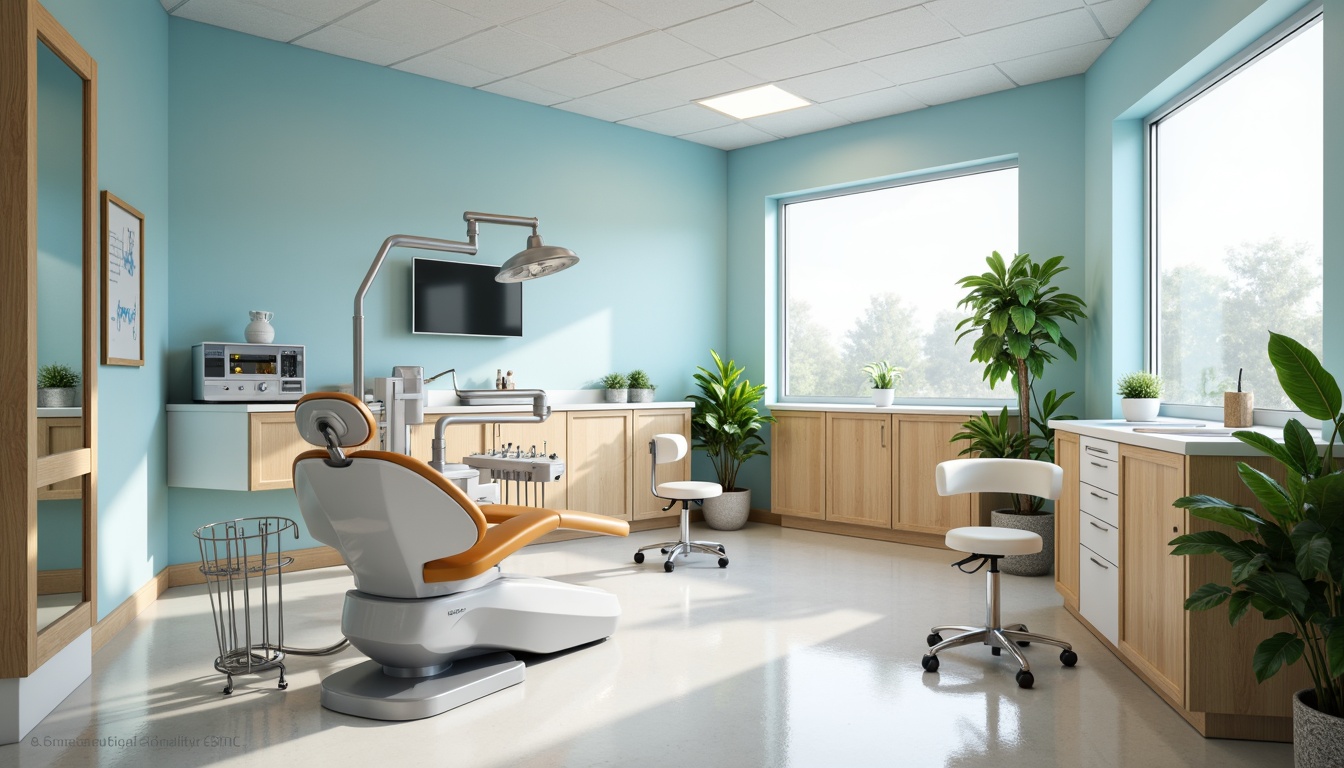 Prompt: Vibrant dental clinic, calming atmosphere, soothing color palette, gentle blue hues, creamy whites, warm beige tones, natural wood accents, modern minimalist furniture, sleek metal equipment, sterile glass surfaces, soft diffused lighting, subtle texture contrasts, 3/4 composition, shallow depth of field, realistic reflections, ambient occlusion.