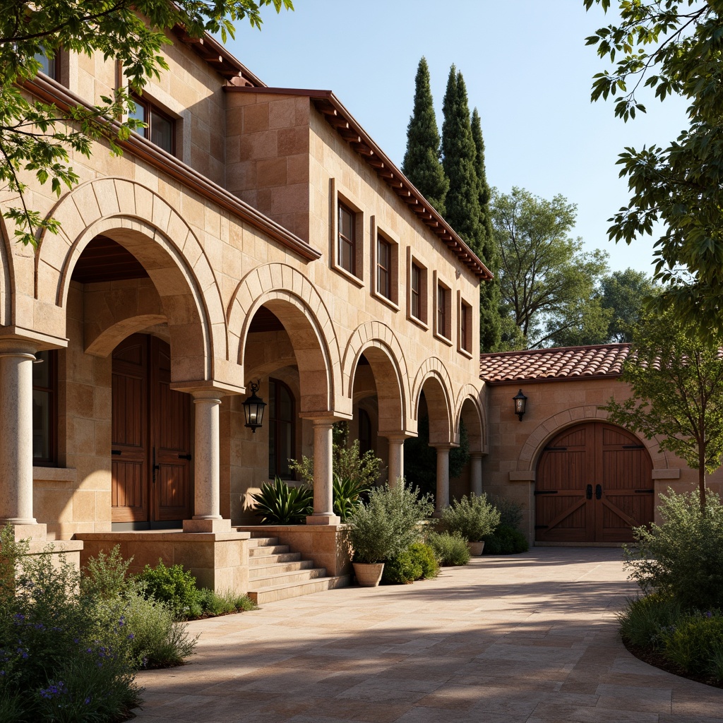 Prompt: Rustic school building, Romanesque arches, stone carvings, ornate columns, rounded windows, red terracotta roofing, warm earthy tones, natural stone walls, heavy wooden doors, intricate door handles, vintage lanterns, lush greenery, blooming flowers, sunny afternoon, soft warm lighting, shallow depth of field, 3/4 composition, panoramic view, realistic textures, ambient occlusion.