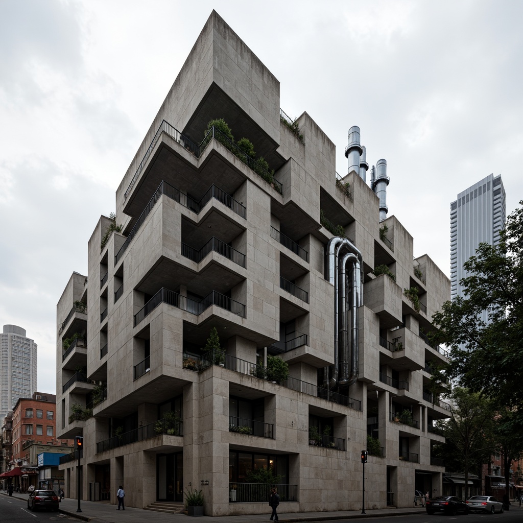 Prompt: Rustic brutalist building, exposed concrete facade, rugged stone walls, metallic beams, industrial pipes, urban cityscape, overcast sky, dramatic shadows, high-contrast lighting, abstract geometric patterns, fragmented forms, deconstructivist architecture, brutalist aesthetics, raw unfinished textures, monochromatic color scheme, bold structural elements, cantilevered volumes, dynamic diagonal lines, 1/2 composition, low-angle shot, cinematic atmosphere.