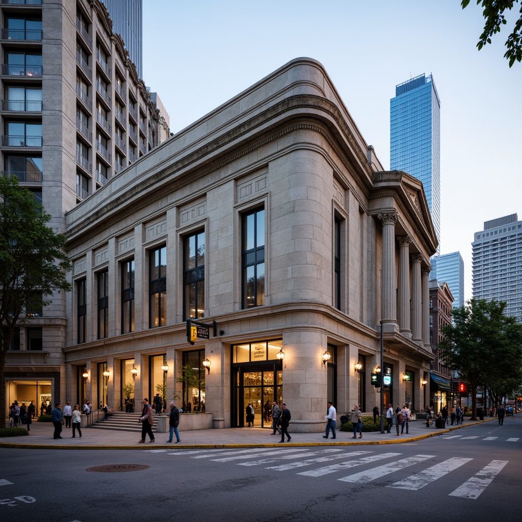 Prompt: Historic courthouse building, neoclassical fa\u00e7ade, ornate stonework, grand entrance steps, Corinthian columns, clock tower, urban cityscape, bustling streets, pedestrian sidewalks, streetlights, modern skyscrapers, contrasted old and new architecture, natural stone textures, subtle warm lighting, shallow depth of field, 2/3 composition, realistic materials, ambient occlusion, vibrant city life.