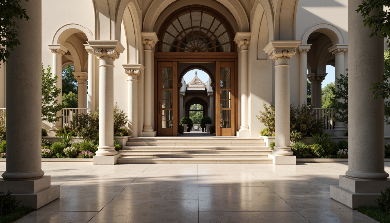 Prompt: Grand symmetrical entrance, majestic columns, identical twin arches, perfect mirrored reflections, central axis alignment, balanced composition, harmonious proportions, elegant fa\u00e7ade, ornate details, classic architectural style, serene atmosphere, soft natural lighting, shallow depth of field, 1/1 composition, realistic textures, ambient occlusion.