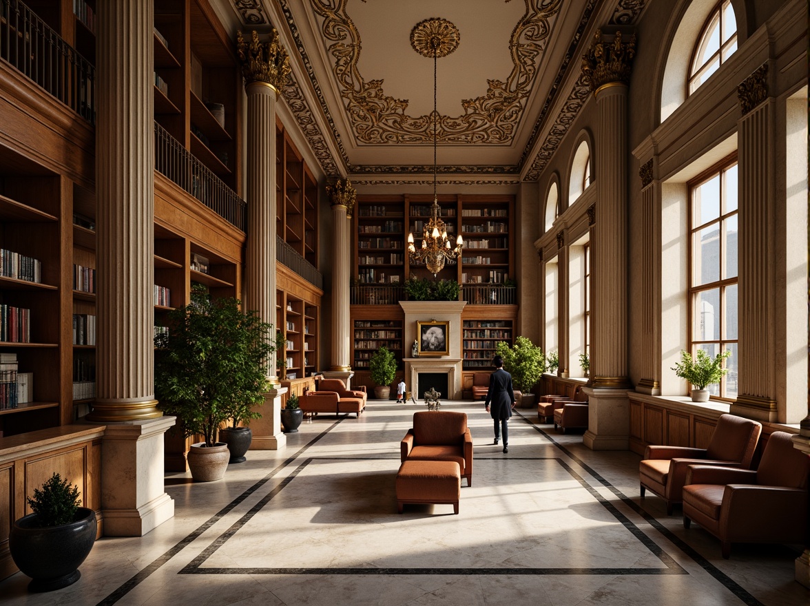 Prompt: Elegant neoclassical library, grandiose high ceiling, ornate columns, carved capitals, Corinthian column details, marble floors, intricate moldings, gilded accents, rich wood paneling, leather-bound books, comfortable reading nooks, soft warm lighting, shallow depth of field, 3/4 composition, realistic textures, ambient occlusion.