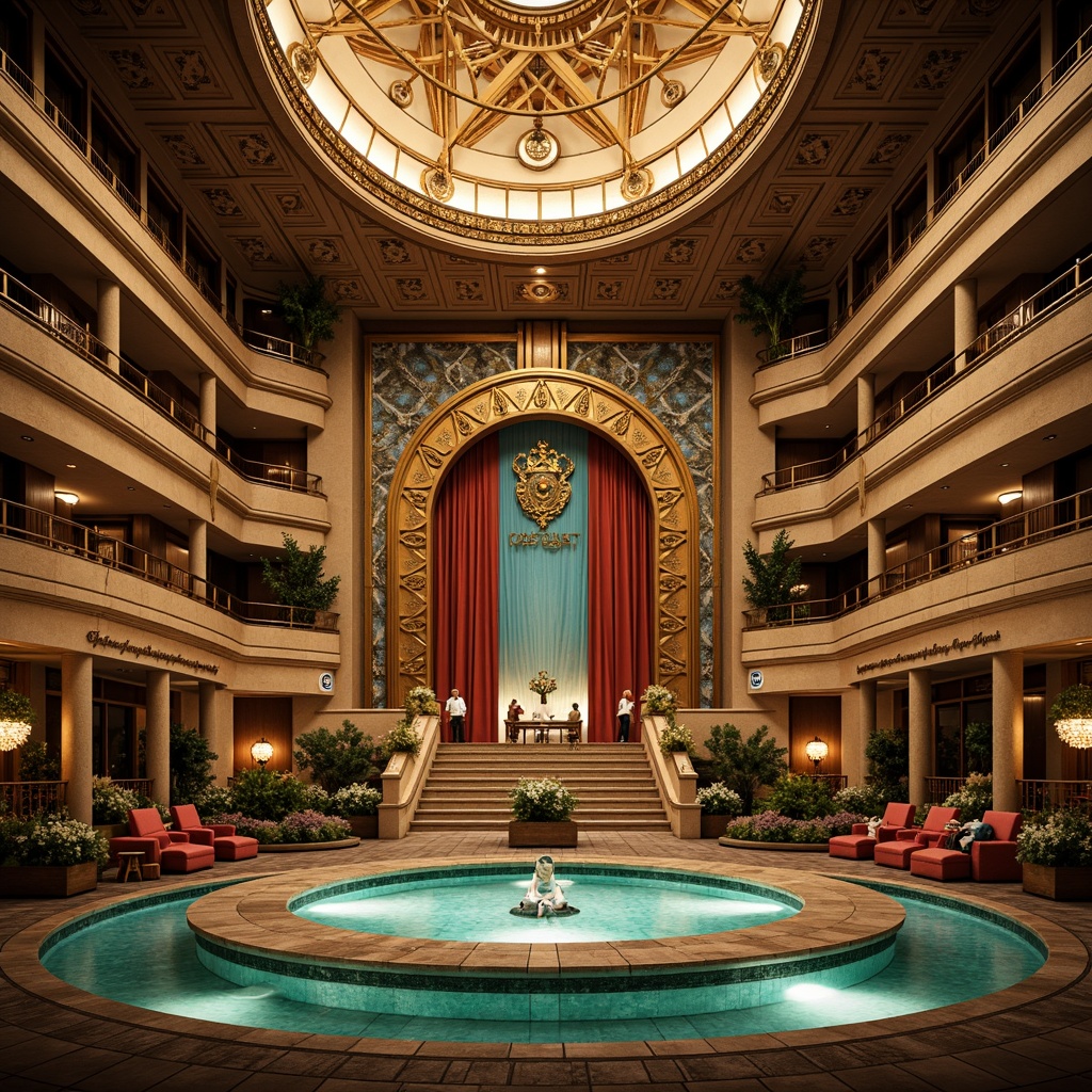 Prompt: Grand amphitheater, ornate Art Deco facade, geometric patterns, metallic accents, curved lines, opulent decorations, lavish lighting, sunken seating areas, grand staircases, polished marble floors, intricate mosaics, vibrant turquoise tiles, golden details, luxurious textiles, ornamental railings, dramatic spotlights, warm sunset ambiance, shallow depth of field, 1/2 composition, symmetrical framing, high-contrast colors, realistic reflections.