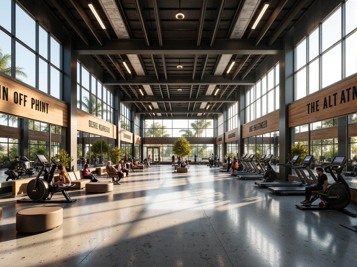 Prompt: Modern fitness club interior, high ceilings, large windows, natural light pouring in, sleek metal beams, polished concrete floors, mirrored walls, state-of-the-art exercise equipment, vibrant color scheme, motivational quotes, wooden accents, soft warm lighting, shallow depth of field, 3/4 composition, panoramic view, realistic textures, ambient occlusion, green roofs, eco-friendly materials, innovative ventilation systems, air purification systems, calming ambiance, spa-like atmosphere.