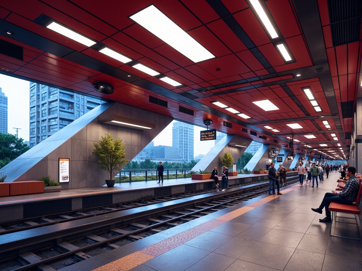 Prompt: Vibrant metro station, bold color scheme, contrasting hues, futuristic architecture, sleek metal surfaces, LED lighting installations, geometric patterns, urban landscape, morning rush hour, soft natural light, shallow depth of field, 1/2 composition, dynamic angular lines, modern signage systems, informative displays, pedestrian flow optimization, accessibility features, safety precautions, emergency response systems, public art installations, urban furniture design.