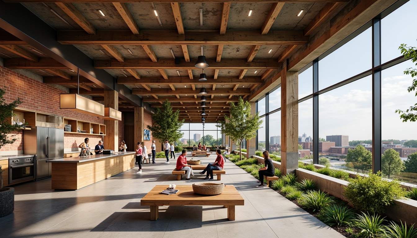 Prompt: Vibrant community center, exposed brick walls, polished concrete floors, reclaimed wood accents, industrial metal beams, earthy tone colors, natural stone surfaces, lush green roofs, solar panels, urban landscape views, warm soft lighting, shallow depth of field, 3/4 composition, realistic textures, ambient occlusion.