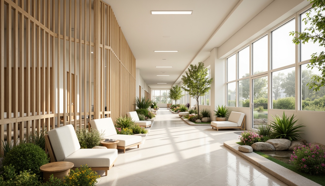 Prompt: Soothing healthcare center, calming atmosphere, gentle color palette, soft pastel hues, creamy whites, warm beige tones, natural wood accents, comfortable seating areas, lush greenery, vibrant flowers, peaceful water features, subtle texture patterns, minimal ornamentation, clean lines, modern minimalist design, abundant natural light, soft diffused lighting, shallow depth of field, 1/1 composition, realistic renderings, ambient occlusion.